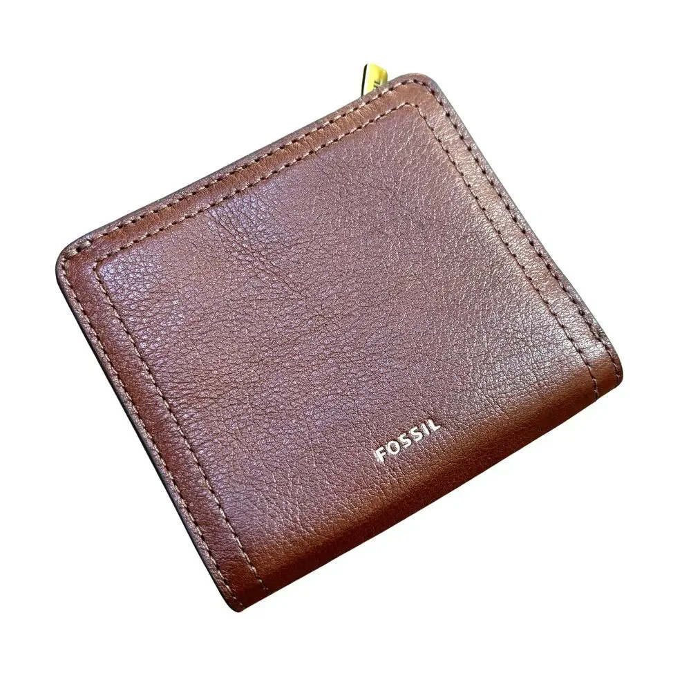 Fossil caramel brown leather bifold wallet zipper coin pocket classic ID cash